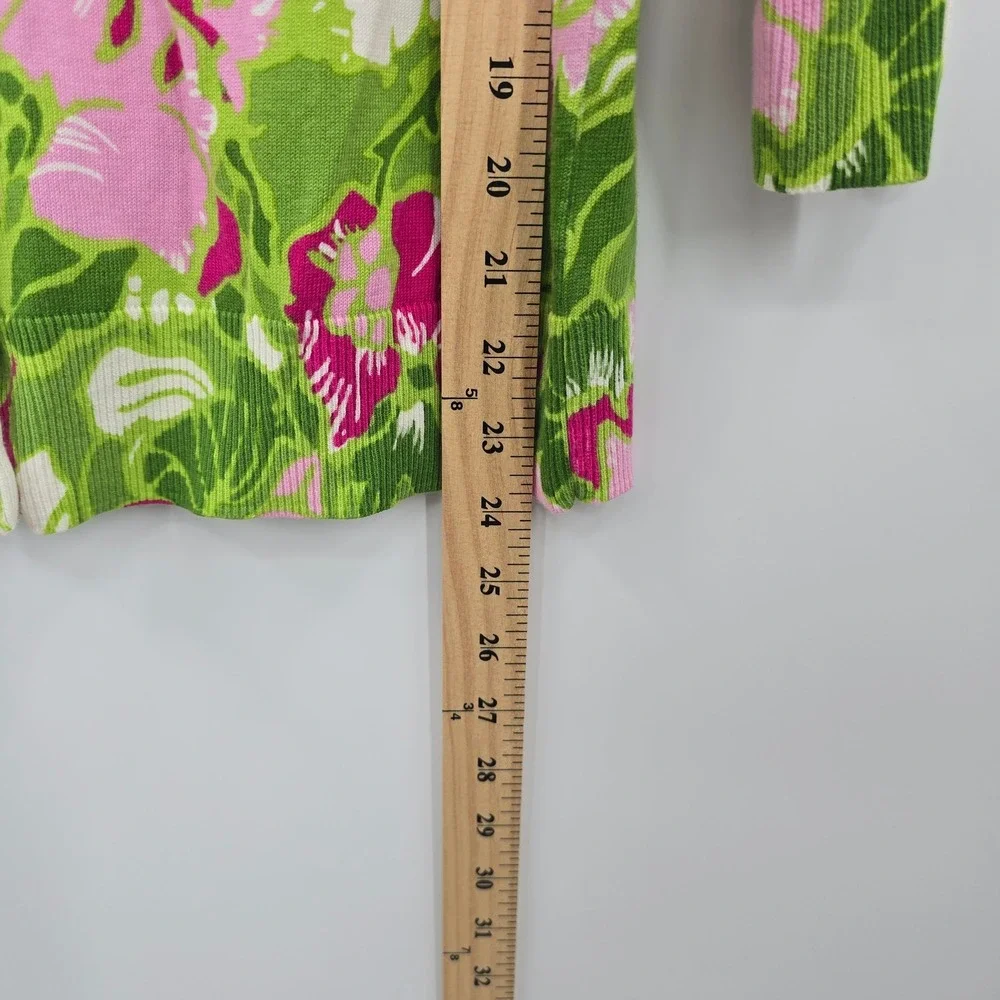 Talbots Cardigan Womens M Green Pink Floral Cotton Blend V-Neck 3/4 Sleeve